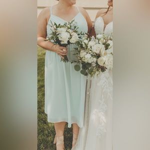 Azazie Mist Blue Midi Length Lace Back Thin Strap Bridesmaid Dress